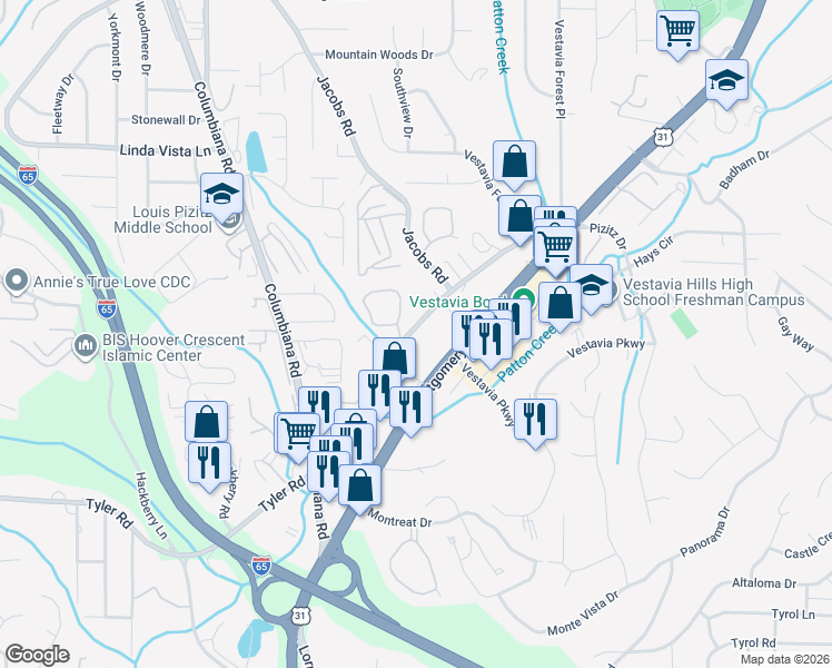 map of restaurants, bars, coffee shops, grocery stores, and more near 3029 Massey Road in Vestavia Hills