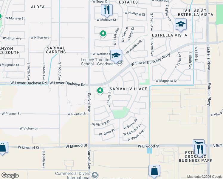 map of restaurants, bars, coffee shops, grocery stores, and more near 16108 West Winslow Avenue in Goodyear