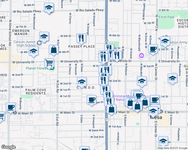 map of restaurants, bars, coffee shops, grocery stores, and more near 449 West 2nd Place in Mesa