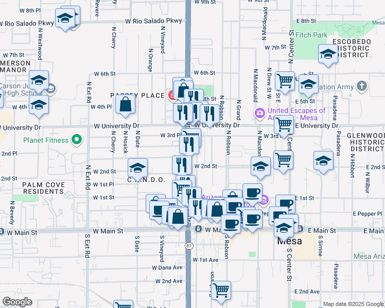 map of restaurants, bars, coffee shops, grocery stores, and more near 244 North Country Club Drive in Mesa