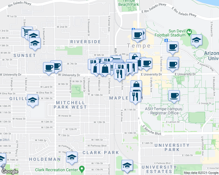 map of restaurants, bars, coffee shops, grocery stores, and more near S Farmer Ave & W 9th St in Tempe