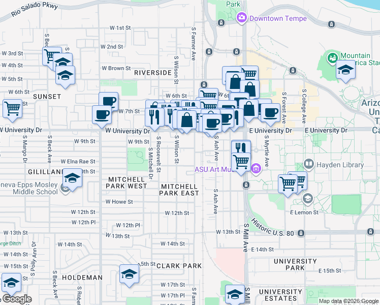 map of restaurants, bars, coffee shops, grocery stores, and more near 919 South Wilson Street in Tempe