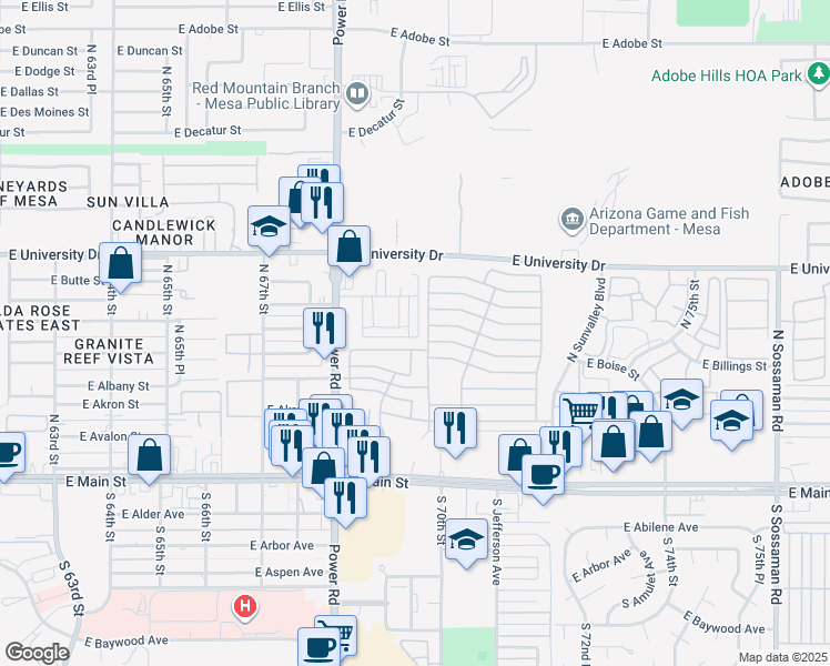 map of restaurants, bars, coffee shops, grocery stores, and more near 6929 East Boise Street in Mesa