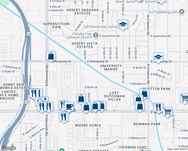 map of restaurants, bars, coffee shops, grocery stores, and more near 246 North 96th Street in Mesa
