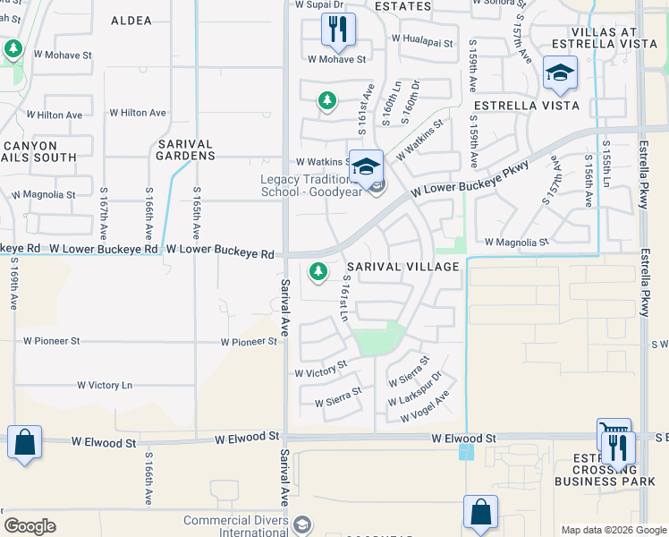 map of restaurants, bars, coffee shops, grocery stores, and more near 19182 West Winslow Drive in Goodyear