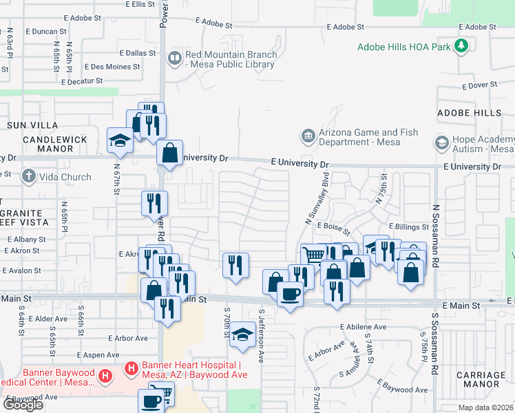 map of restaurants, bars, coffee shops, grocery stores, and more near East 6th Avenue in Mesa