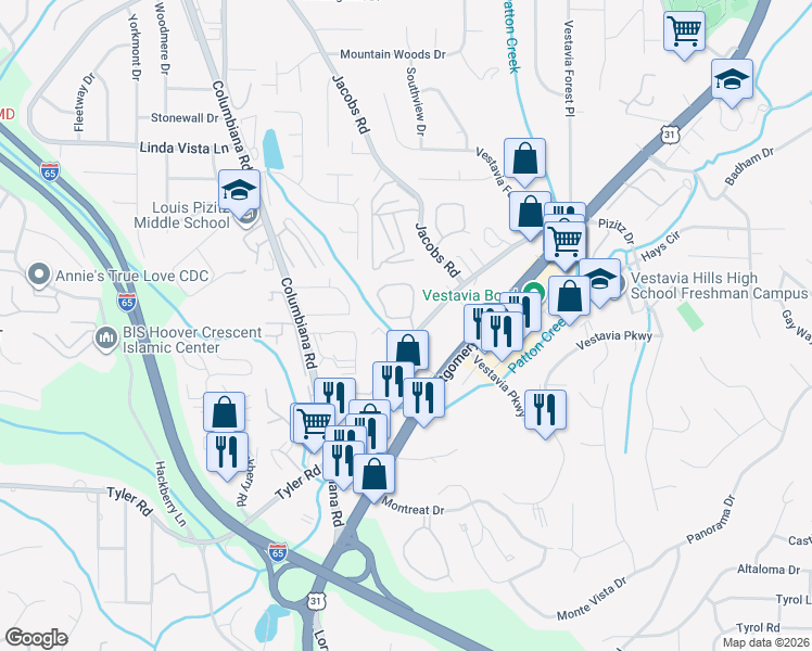 map of restaurants, bars, coffee shops, grocery stores, and more near 2635 Southbury Circle in Vestavia Hills
