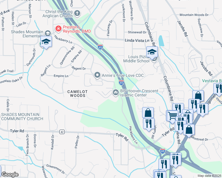 map of restaurants, bars, coffee shops, grocery stores, and more near 605 Running Brook Road in Hoover