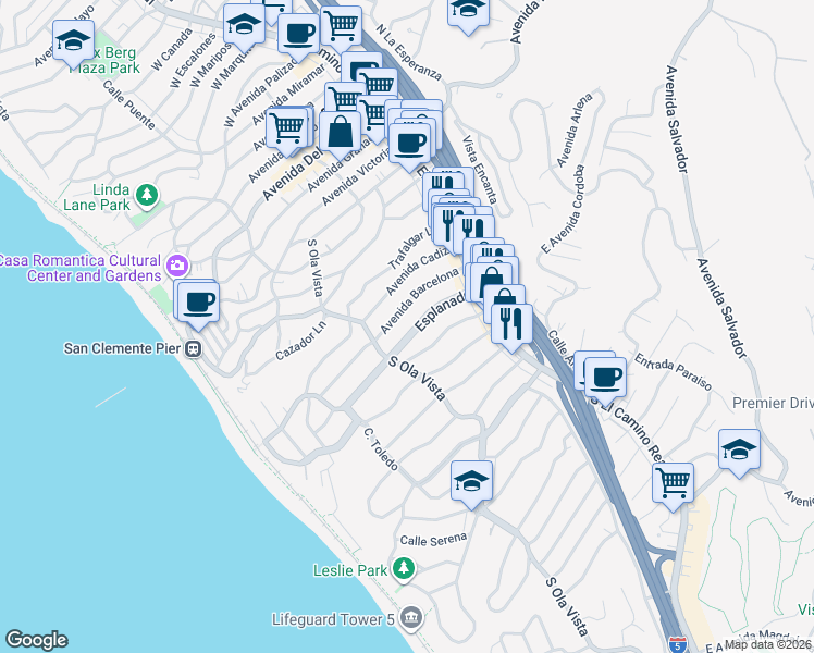 map of restaurants, bars, coffee shops, grocery stores, and more near 134 Esplanade in San Clemente