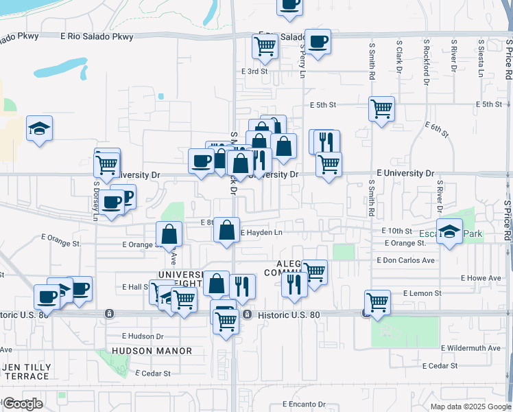 map of restaurants, bars, coffee shops, grocery stores, and more near 1827 East Kirkland Lane in Tempe