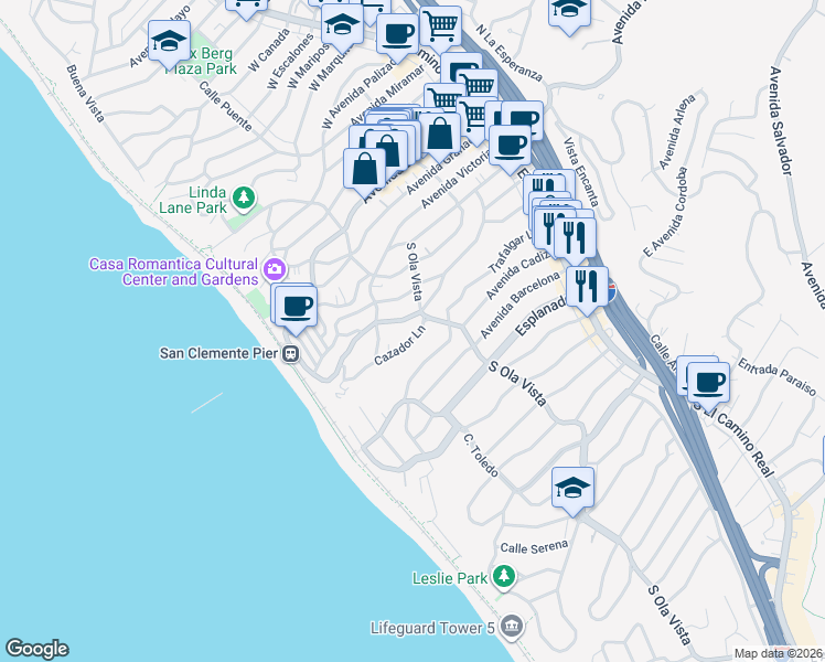 map of restaurants, bars, coffee shops, grocery stores, and more near 311 Cazador Lane in San Clemente