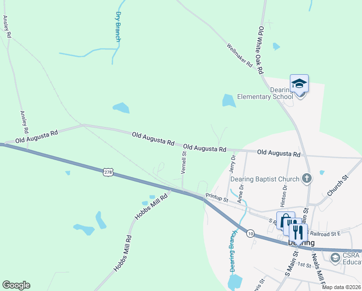 map of restaurants, bars, coffee shops, grocery stores, and more near 3172 Old Augusta Road in Dearing