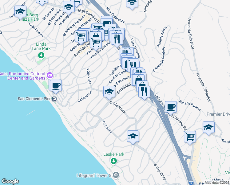 map of restaurants, bars, coffee shops, grocery stores, and more near 134 Esplanade in San Clemente