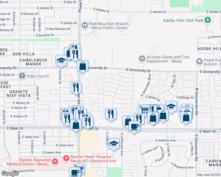 map of restaurants, bars, coffee shops, grocery stores, and more near 215 North Power Road in Mesa