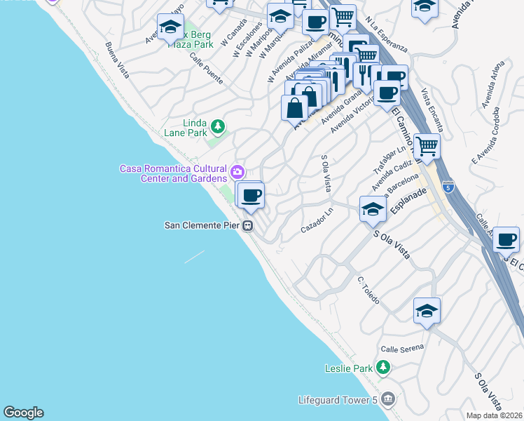 map of restaurants, bars, coffee shops, grocery stores, and more near 111 Santa Ana Lane in San Clemente