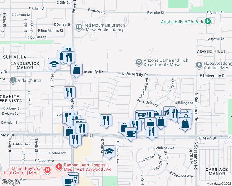 map of restaurants, bars, coffee shops, grocery stores, and more near East 6th Avenue in Mesa
