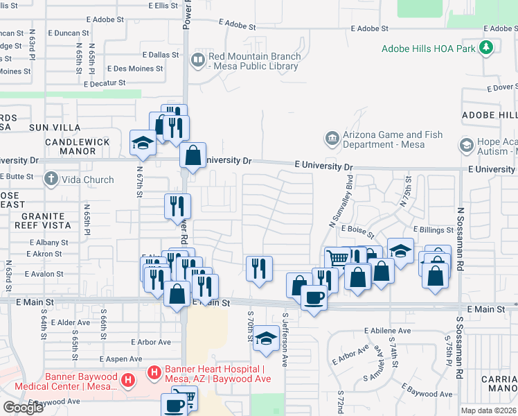 map of restaurants, bars, coffee shops, grocery stores, and more near 215 North Power Road in Mesa