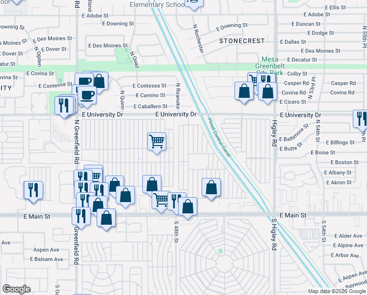 map of restaurants, bars, coffee shops, grocery stores, and more near Mobile Home Park in Mesa