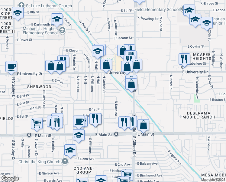 map of restaurants, bars, coffee shops, grocery stores, and more near 243 North Kachina in Mesa