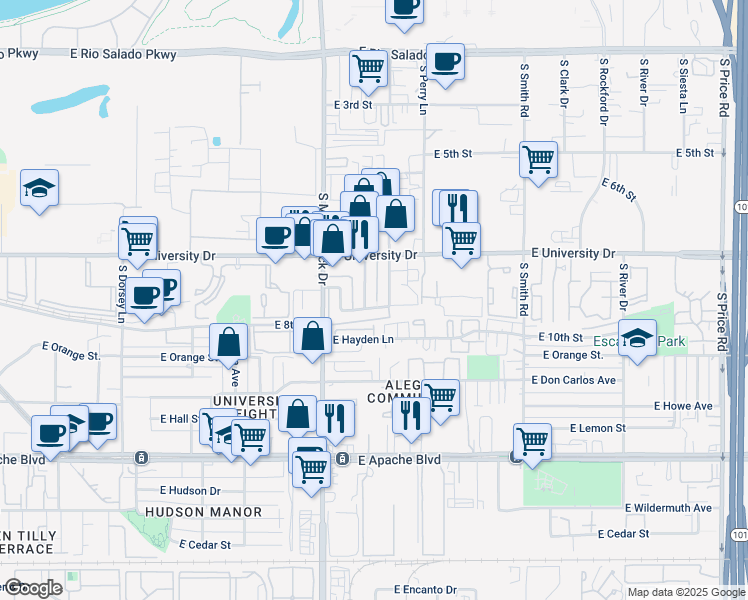 map of restaurants, bars, coffee shops, grocery stores, and more near 932 South Casitas Drive in Tempe