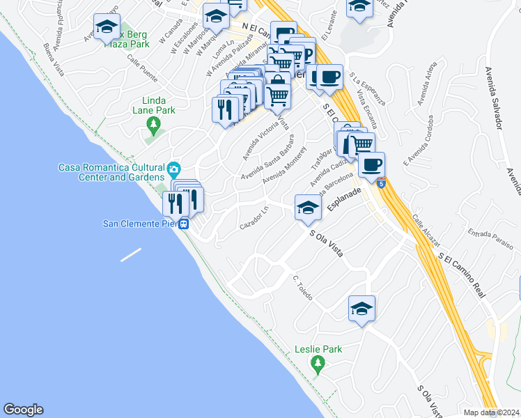 map of restaurants, bars, coffee shops, grocery stores, and more near 311 Cazador Lane in San Clemente
