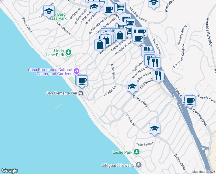 map of restaurants, bars, coffee shops, grocery stores, and more near 311 Cazador Lane in San Clemente