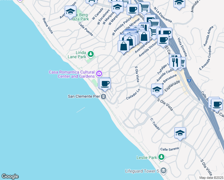 map of restaurants, bars, coffee shops, grocery stores, and more near 504 Monterey Lane in San Clemente
