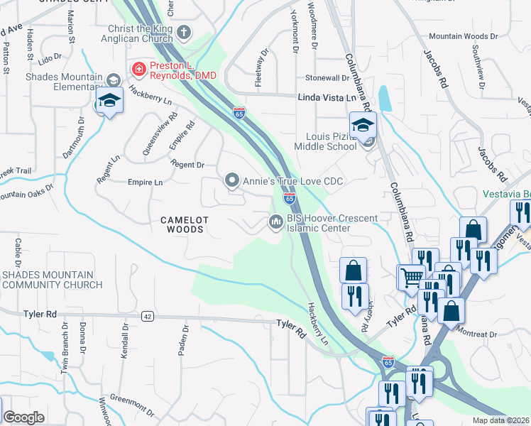 map of restaurants, bars, coffee shops, grocery stores, and more near 605 Running Brook Road in Hoover
