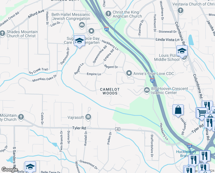 map of restaurants, bars, coffee shops, grocery stores, and more near 2403 Gawain Drive in Birmingham
