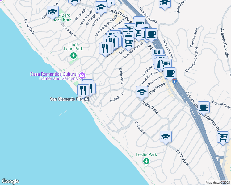 map of restaurants, bars, coffee shops, grocery stores, and more near 317 Avenida Madrid in San Clemente