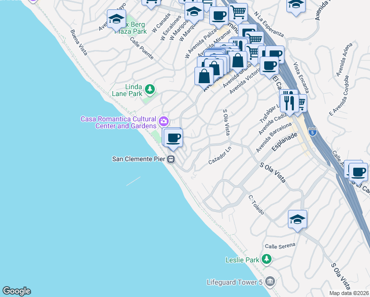 map of restaurants, bars, coffee shops, grocery stores, and more near 111 Santa Ana Lane in San Clemente