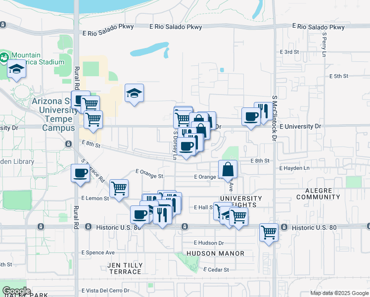 map of restaurants, bars, coffee shops, grocery stores, and more near 1343 East University Drive in Tempe