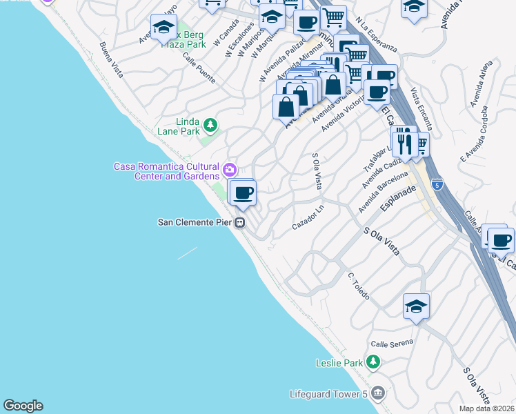 map of restaurants, bars, coffee shops, grocery stores, and more near I Street in San Clemente