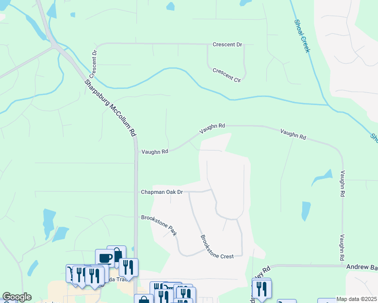 map of restaurants, bars, coffee shops, grocery stores, and more near 722 Vaughn Road in Newnan