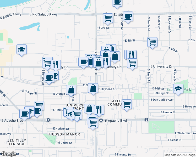 map of restaurants, bars, coffee shops, grocery stores, and more near in Tempe