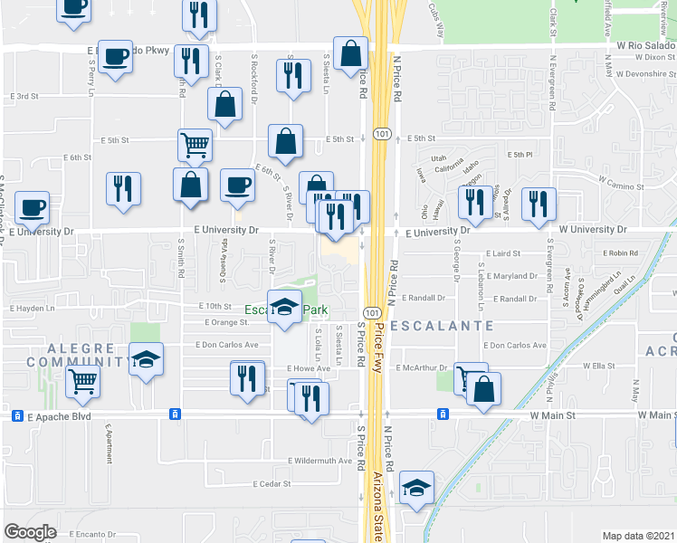 map of restaurants, bars, coffee shops, grocery stores, and more near East University Ranch in Tempe