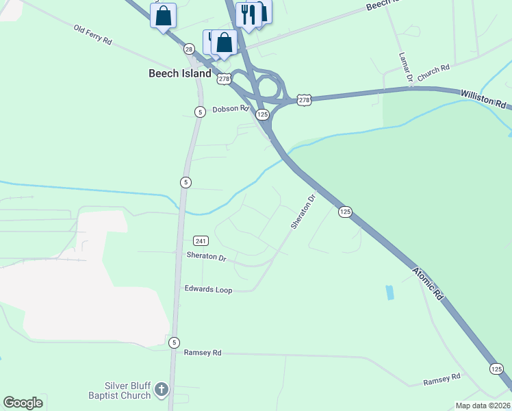 map of restaurants, bars, coffee shops, grocery stores, and more near 425 Sheraton Drive in Beech Island