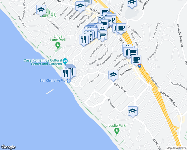 map of restaurants, bars, coffee shops, grocery stores, and more near 313 Avenida Madrid in San Clemente