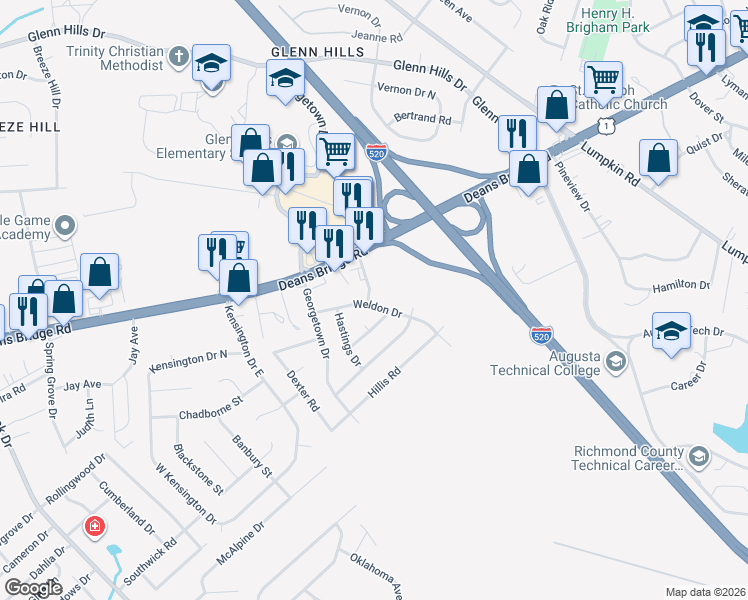 map of restaurants, bars, coffee shops, grocery stores, and more near 2518 Weldon Drive in Augusta