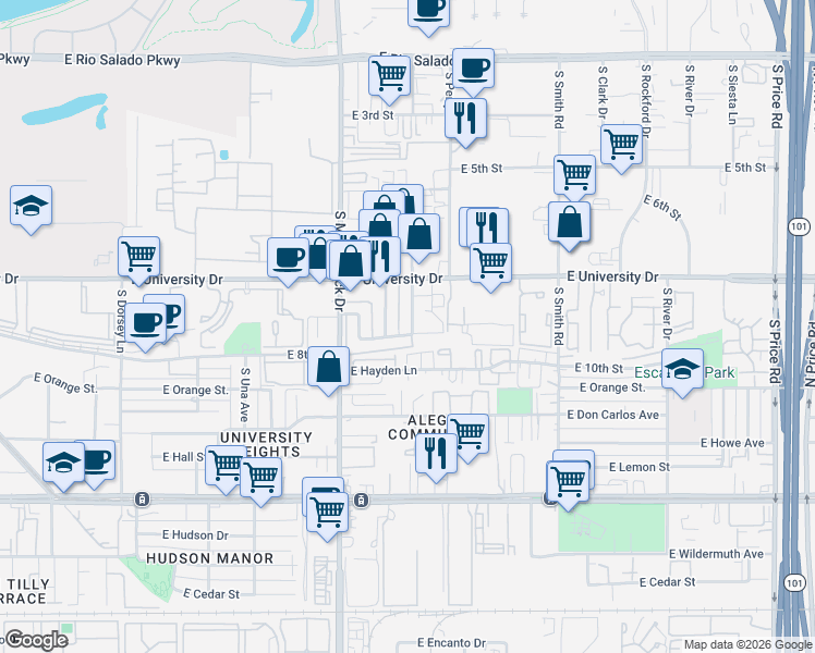 map of restaurants, bars, coffee shops, grocery stores, and more near 1851 East Kirkland Lane in Tempe