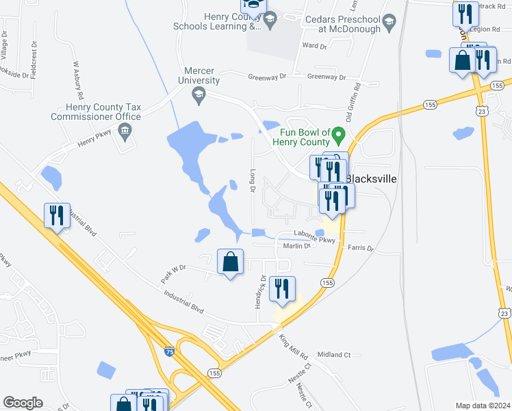 map of restaurants, bars, coffee shops, grocery stores, and more near 257 Long Drive in McDonough