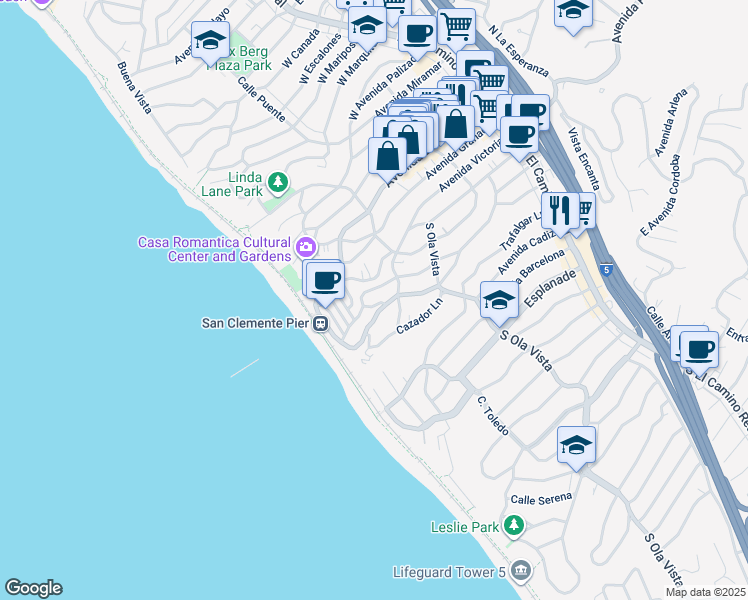 map of restaurants, bars, coffee shops, grocery stores, and more near 108 Corona Lane in San Clemente
