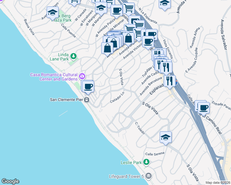 map of restaurants, bars, coffee shops, grocery stores, and more near 317 Avenida Madrid in San Clemente