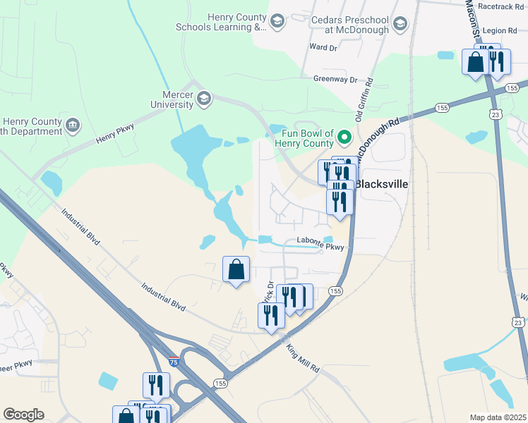 map of restaurants, bars, coffee shops, grocery stores, and more near 265 Long Drive in McDonough