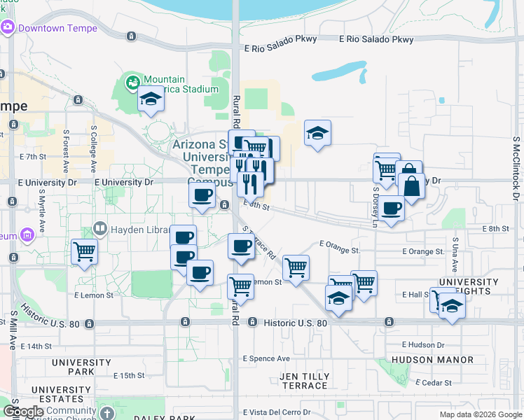 map of restaurants, bars, coffee shops, grocery stores, and more near 927 East 8th Street in Tempe