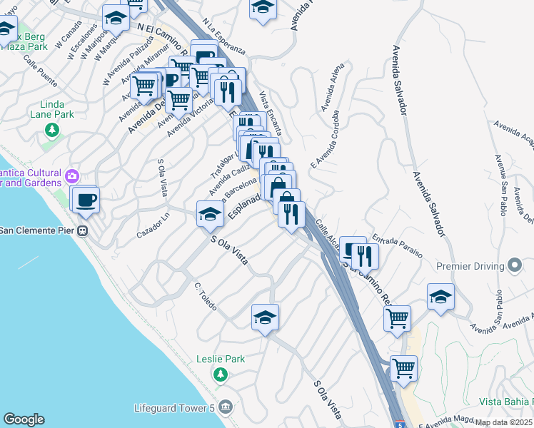 map of restaurants, bars, coffee shops, grocery stores, and more near 103 West Avenida Santiago in San Clemente