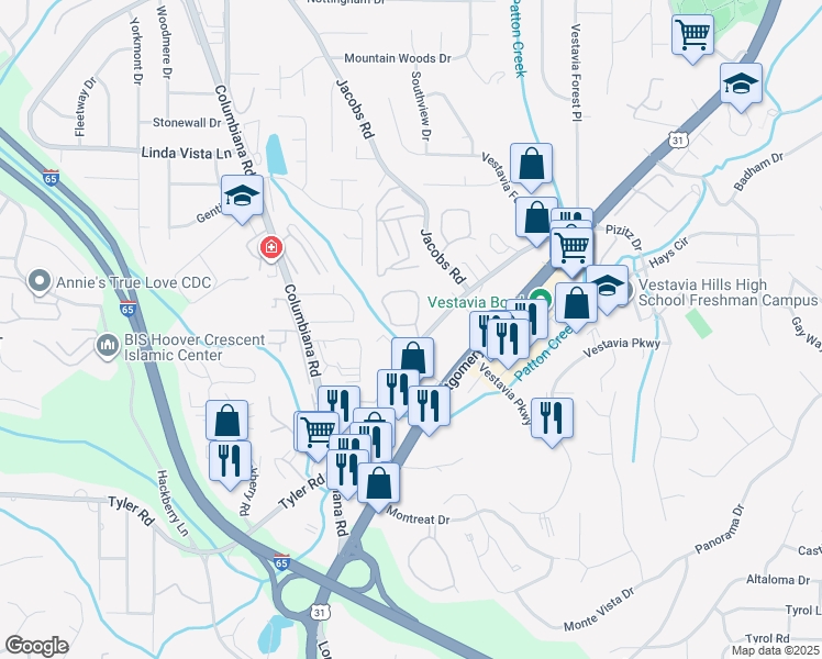 map of restaurants, bars, coffee shops, grocery stores, and more near 3032 Massey Road in Vestavia Hills