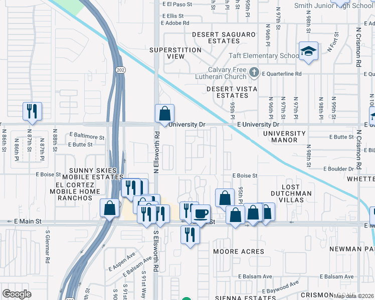 map of restaurants, bars, coffee shops, grocery stores, and more near 243 North 93rd Street in Mesa