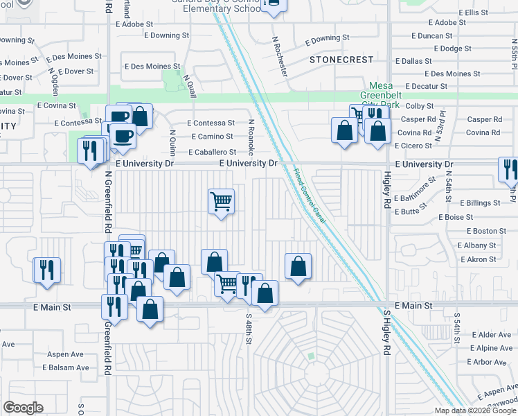 map of restaurants, bars, coffee shops, grocery stores, and more near Mobile Home Park in Mesa