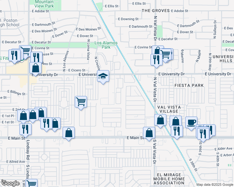 map of restaurants, bars, coffee shops, grocery stores, and more near 3345 East University Drive in Mesa